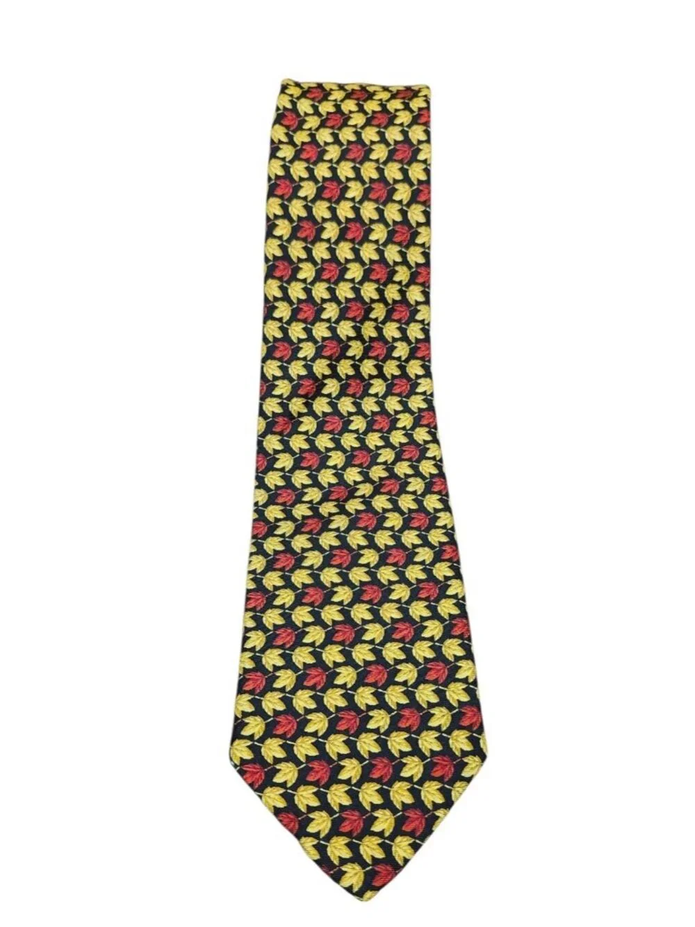 Vintage Burberrys of London 100% Silk Tie Black Red Gold Leaf Print England